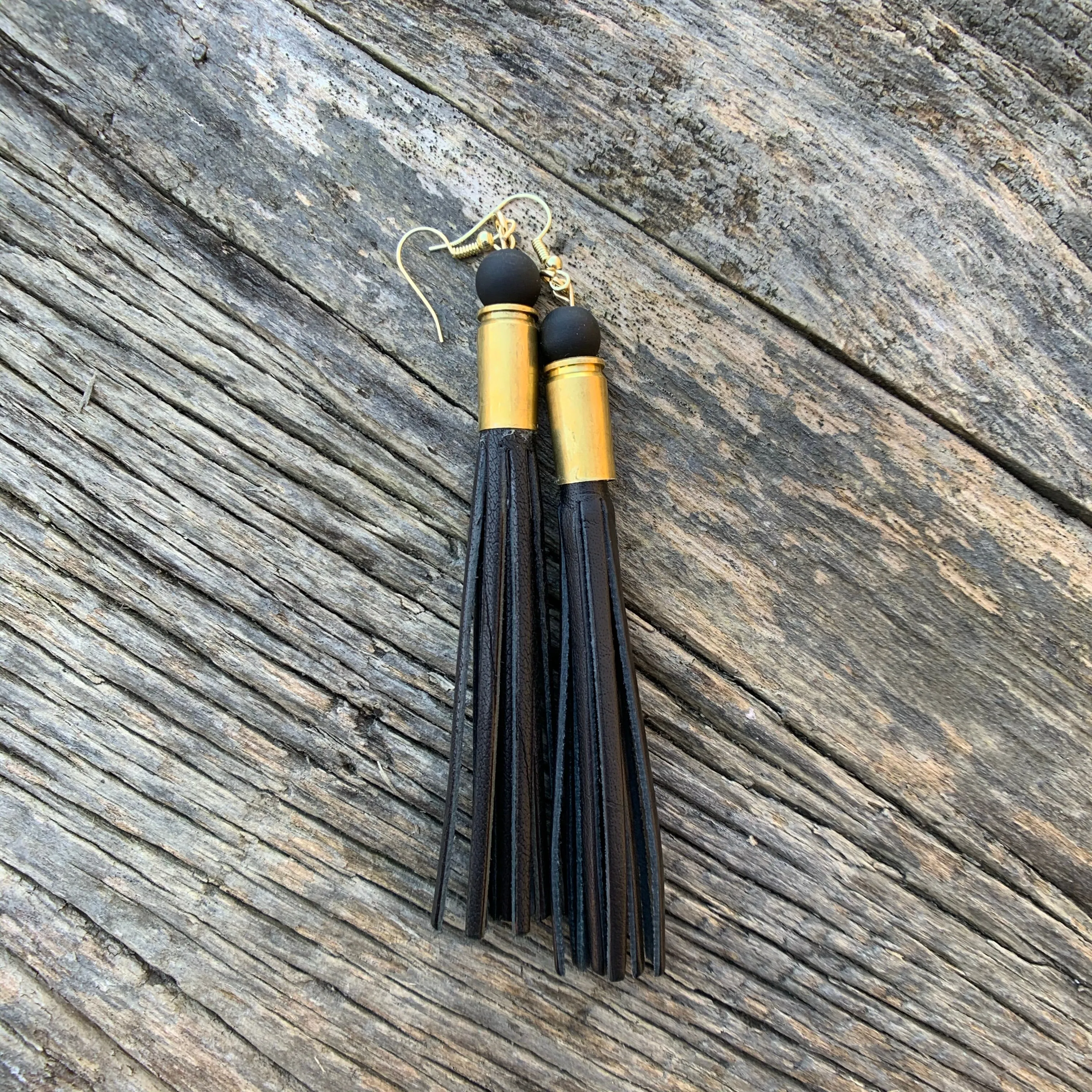 Leather Tassel Bullet Casing Earrings