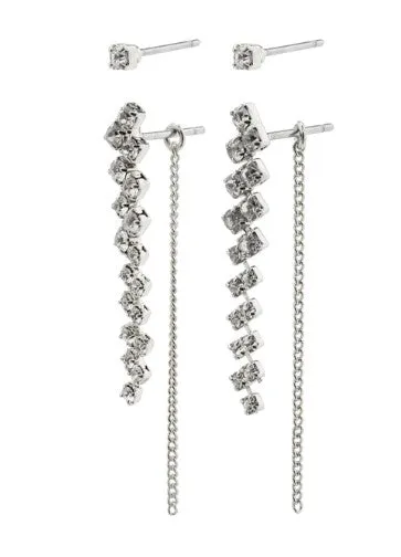 Long Chain Crystal Earrings 2-in-1 Set | Silver Plated