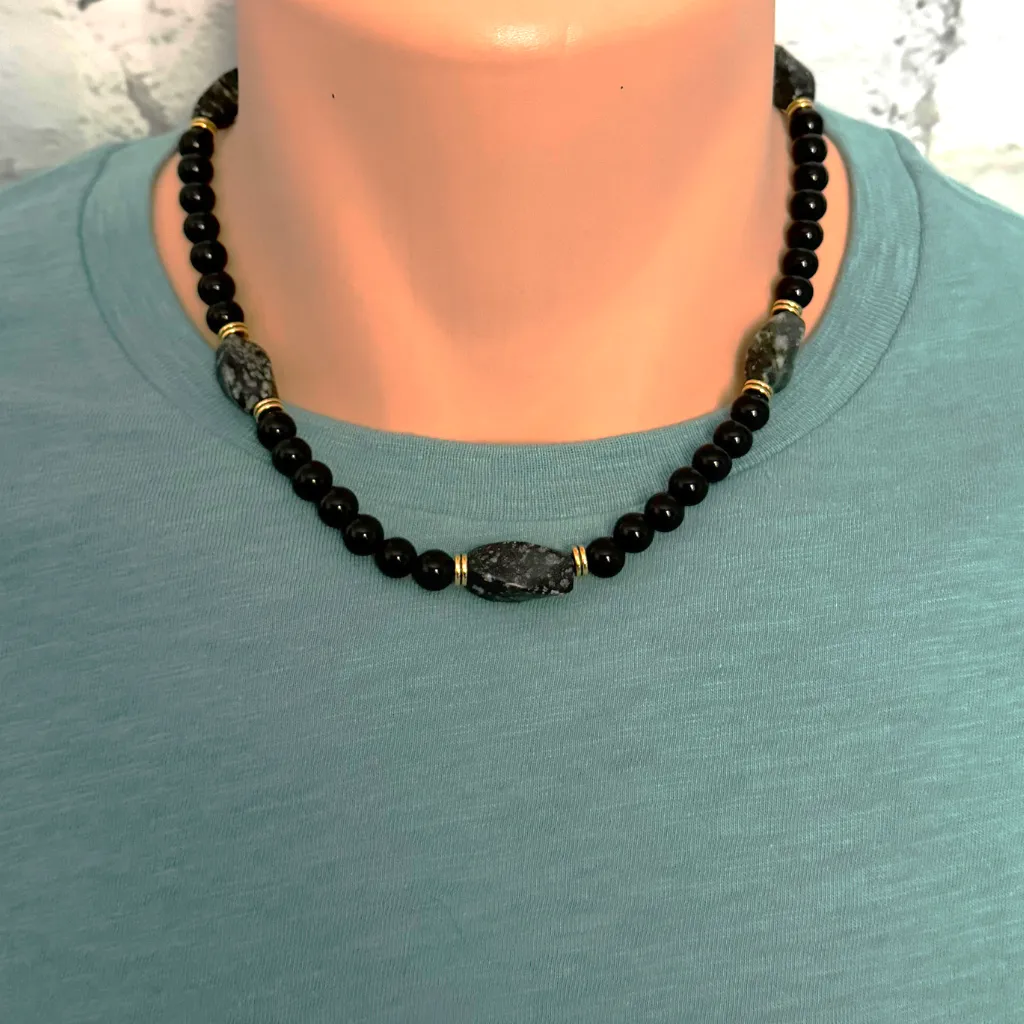 Mens Black Onyx and Serpentine Oval Beaded Necklace