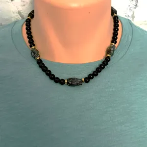 Mens Black Onyx and Serpentine Oval Beaded Necklace