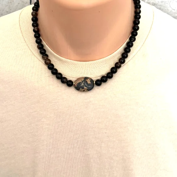 Mens Brown Agate and Landscape Stone Beaded Necklace