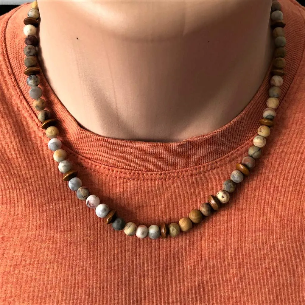 Mens Crazy Lace Matte Agate and Wood Beaded Necklace