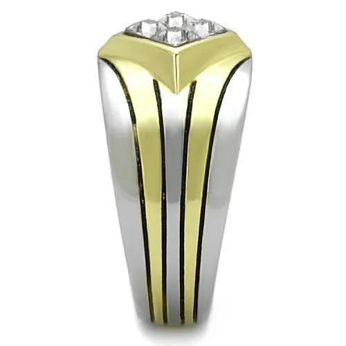 Mens Gold Double Stripe Stainless Steel Synthetic Crystal