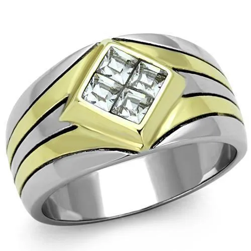 Mens Gold Double Stripe Stainless Steel Synthetic Crystal