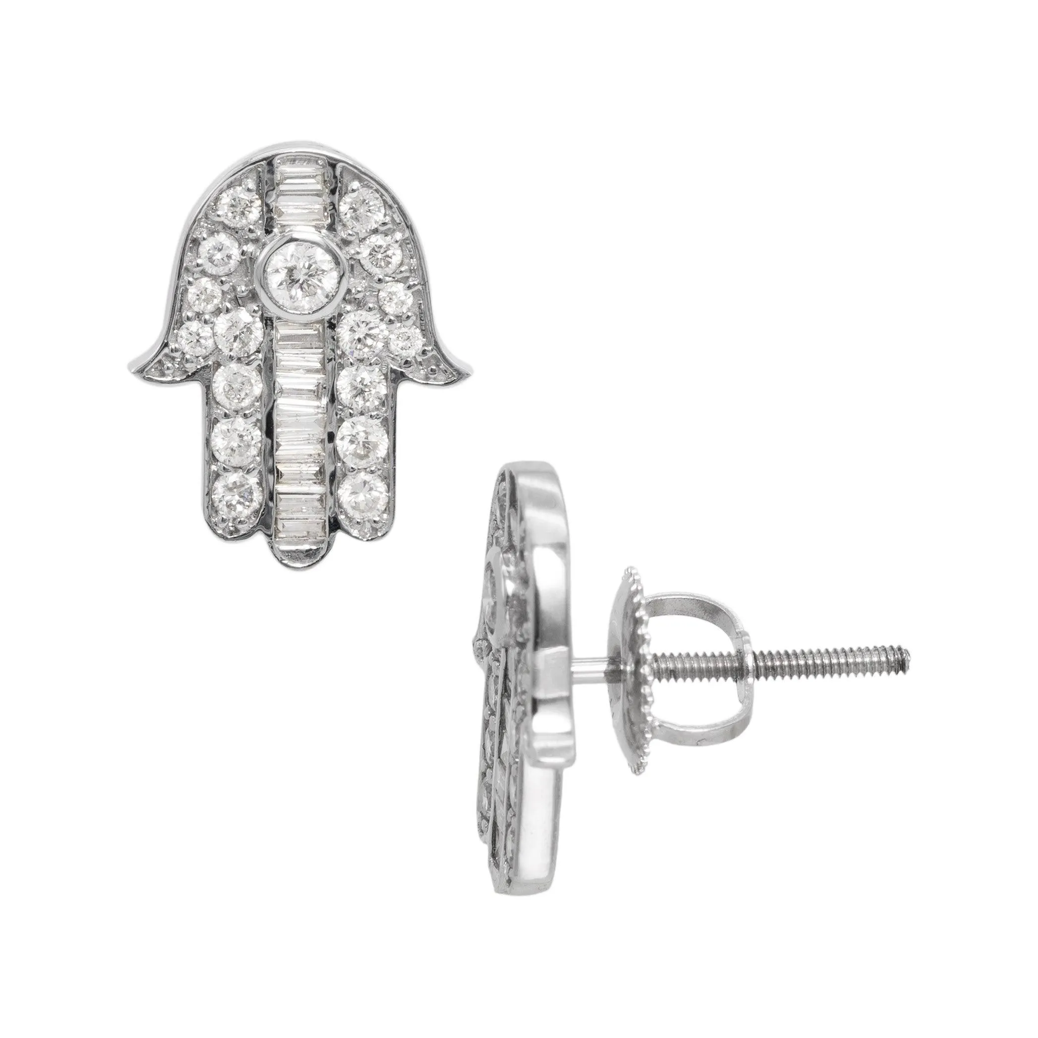 Men's Hamsa Diamond Stud Earrings 0.92ct 14K White Gold