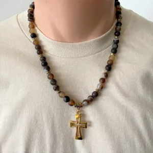 Mens Matte Brown Agate Beaded Necklace with Gold Cross