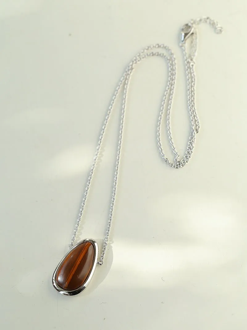 Minimalist 925 Silver Wood Grain Stone White Mother of Pearls Necklace