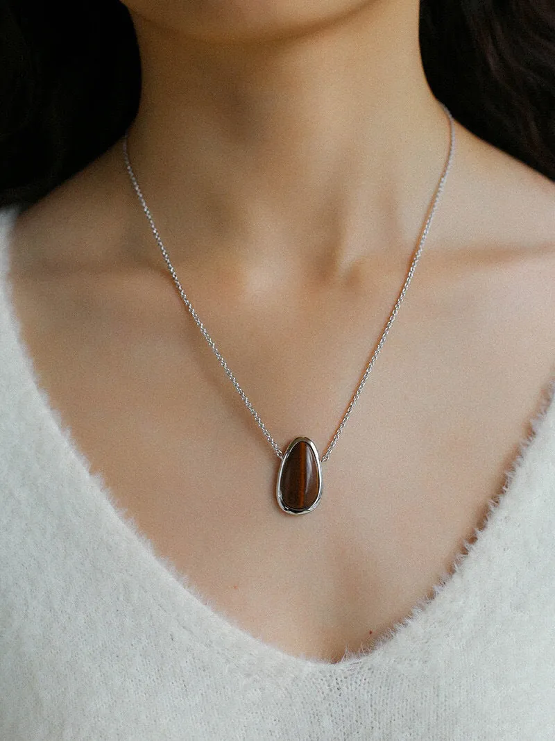 Minimalist 925 Silver Wood Grain Stone White Mother of Pearls Necklace