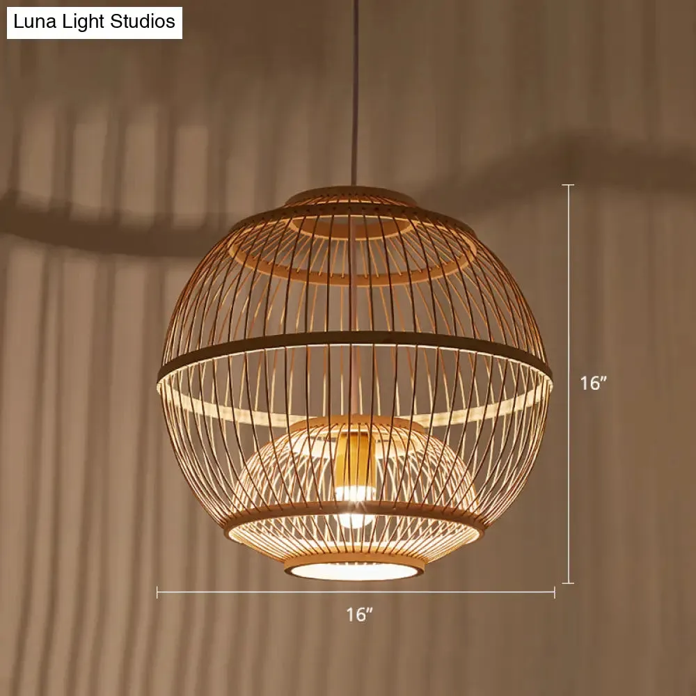 Minimalist Bamboo Pendant Ceiling Light with Sphere Shade - 1-Head Wood Suspension Lighting