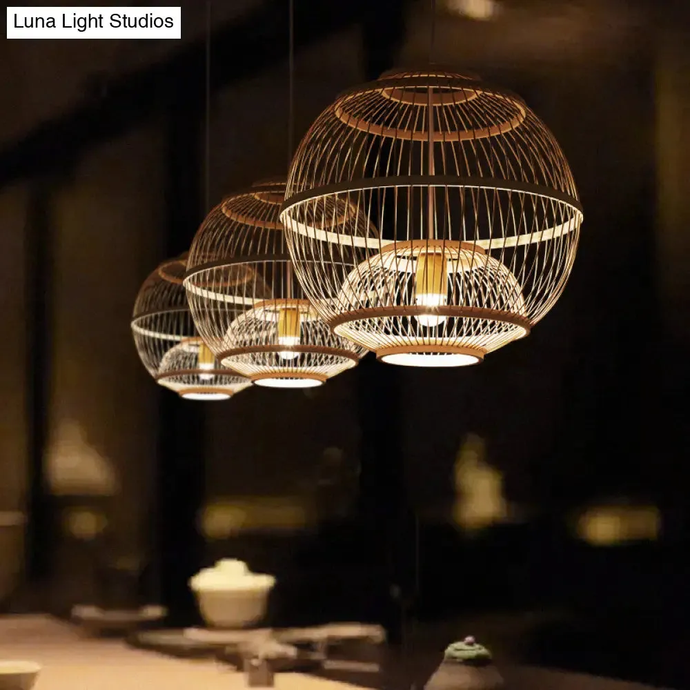 Minimalist Bamboo Pendant Ceiling Light with Sphere Shade - 1-Head Wood Suspension Lighting