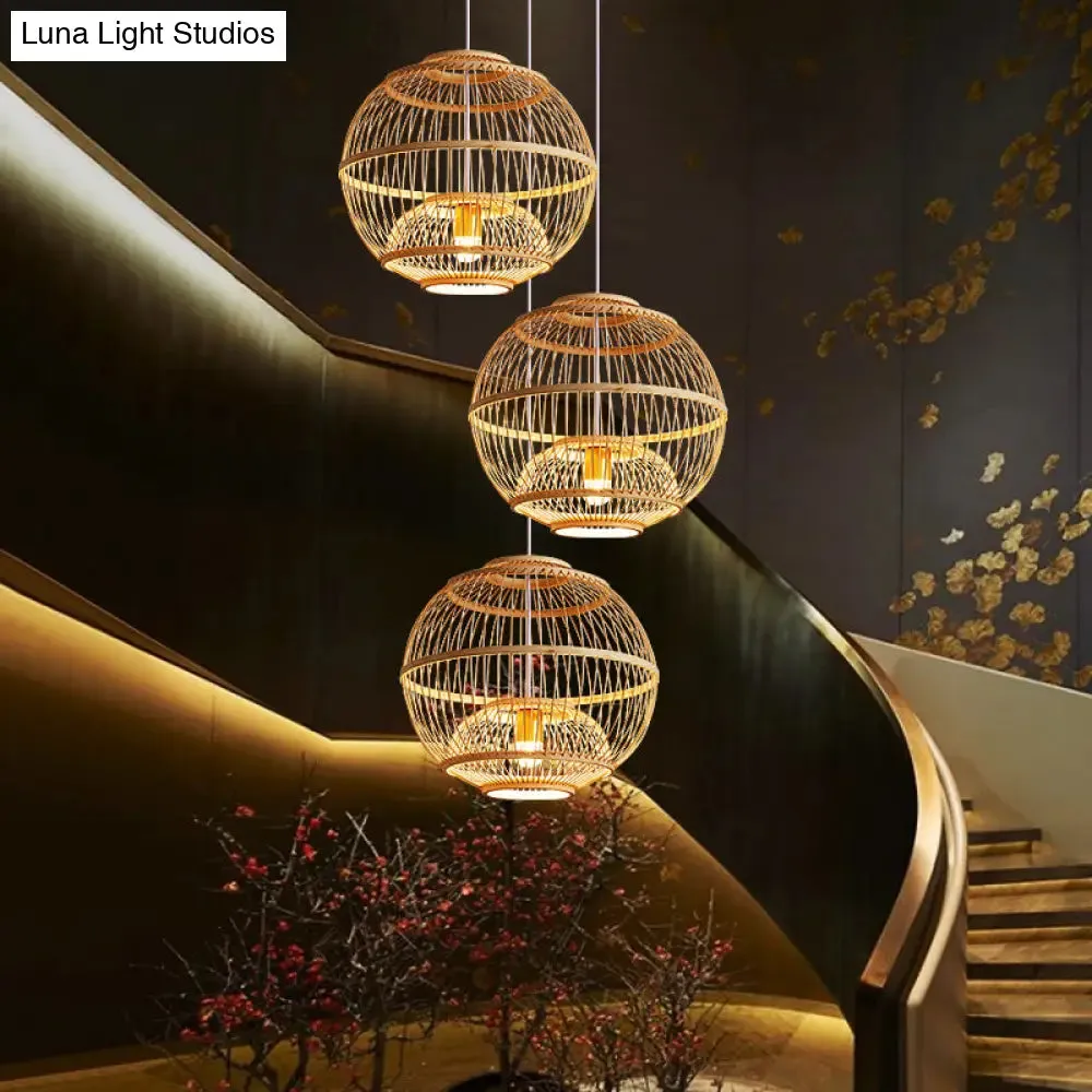 Minimalist Bamboo Pendant Ceiling Light with Sphere Shade - 1-Head Wood Suspension Lighting