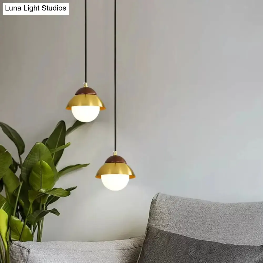 Minimalist Dome Pendant Ceiling Light with 1 Bulb and Global White Glass Shade in Brass