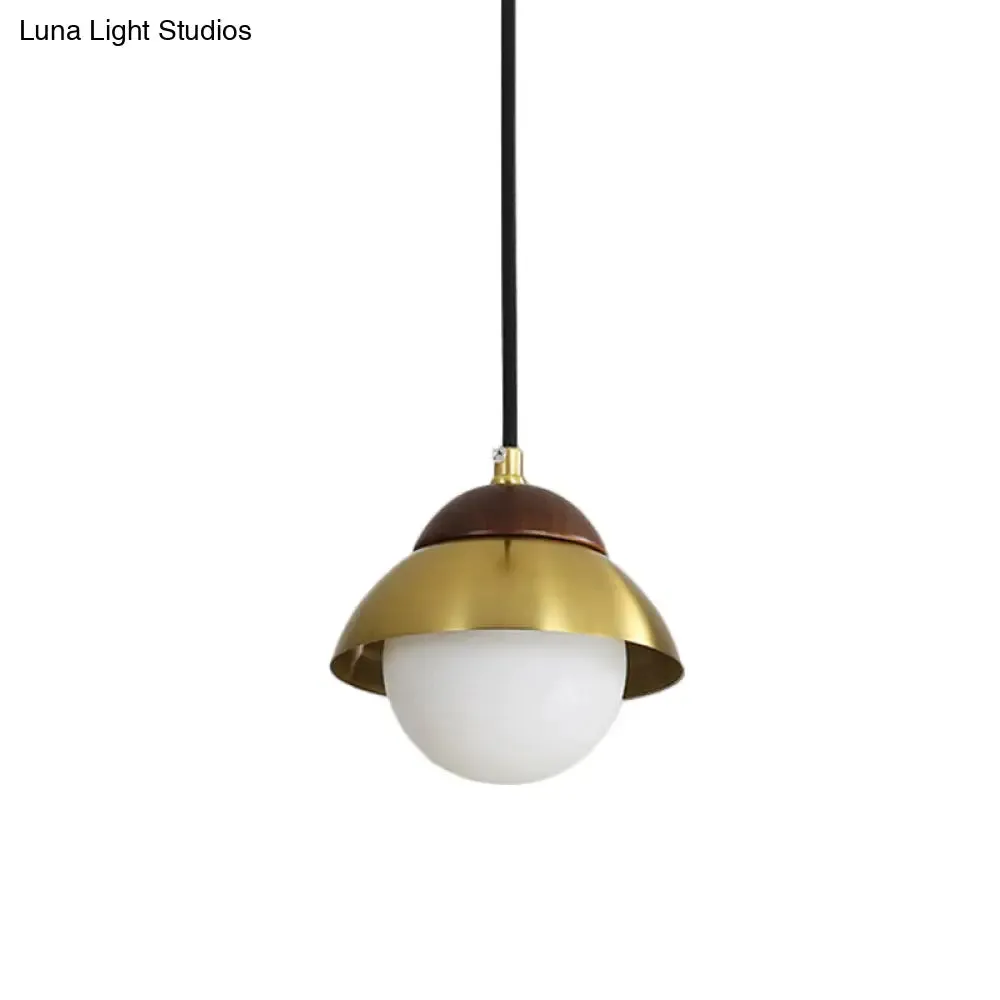 Minimalist Dome Pendant Ceiling Light with 1 Bulb and Global White Glass Shade in Brass