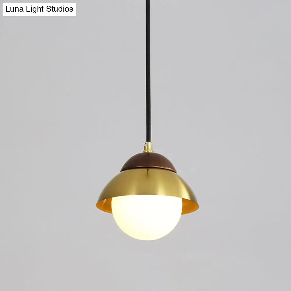 Minimalist Dome Pendant Ceiling Light with 1 Bulb and Global White Glass Shade in Brass