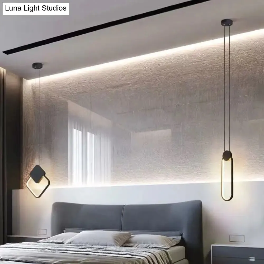 Minimalist LED Pendant Bedroom Lamps – Black Metal Ring Design