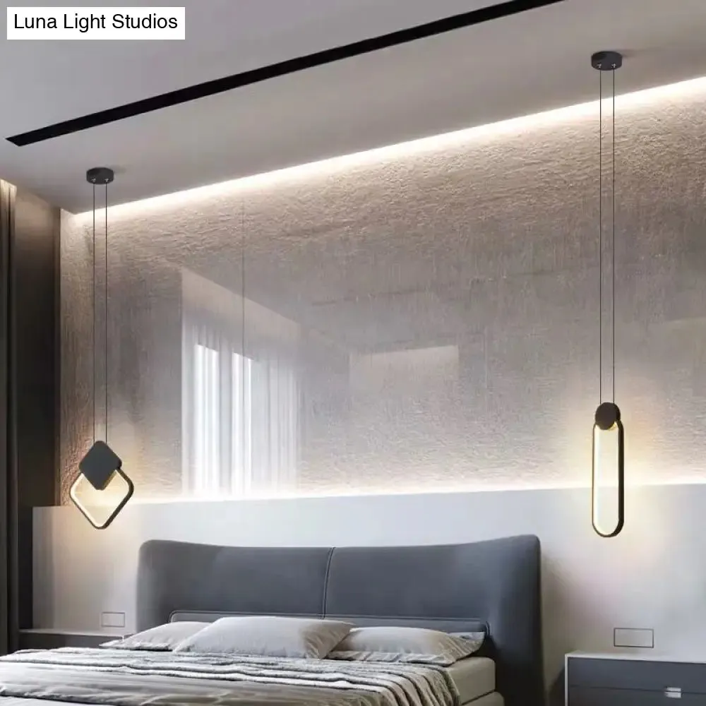 Minimalist LED Pendant Bedroom Lamps – Black Metal Ring Design