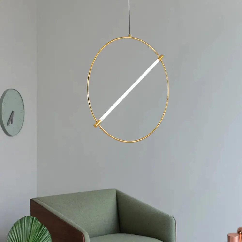 Minimalist Metal Circle Hanging Light - Gold, 1-Head Suspended Lighting Fixture, 16"/23.5" Wide