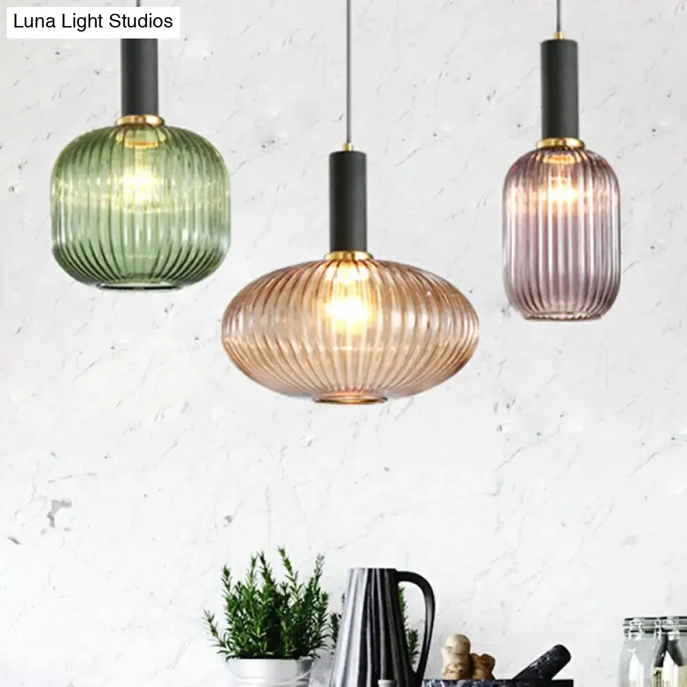 Minimalist Pendulum Light Fixture - Ribbed Glass, Bottle Shaped Design - 1-Light Dining Room Hanging Light