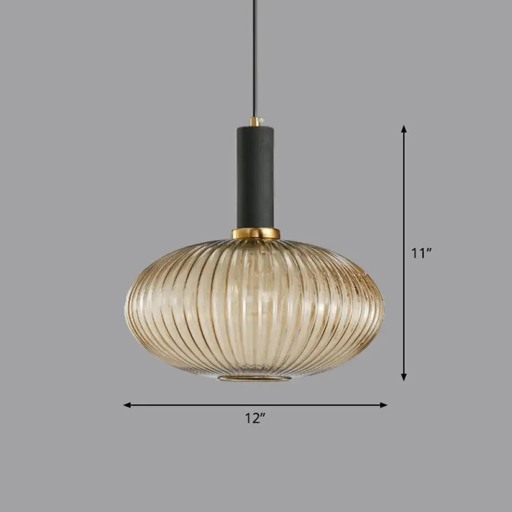 Minimalist Pendulum Light Fixture - Ribbed Glass, Bottle Shaped Design - 1-Light Dining Room Hanging Light