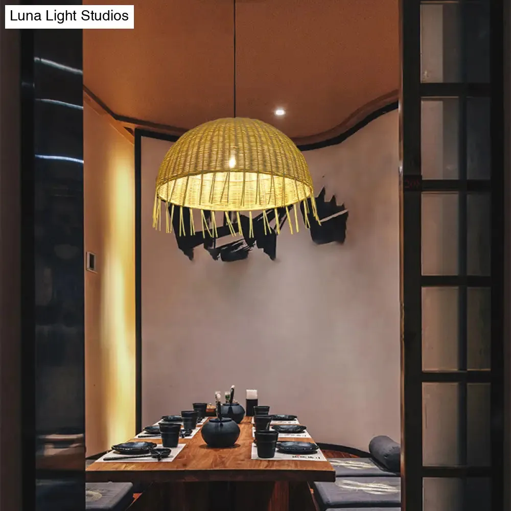 Minimalist Rattan Dome Pendant Ceiling Light for Restaurants - Wood Finish