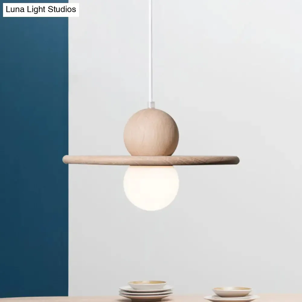 Minimalist Wood Plate Pendant Light - Single Head Beige Lamp for Dining Room