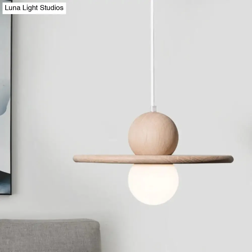 Minimalist Wood Plate Pendant Light - Single Head Beige Lamp for Dining Room