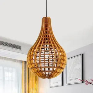 Minimalist Wooden Raindrop Pendant Lighting - 1-Light Brown Suspension Light with Grid Design