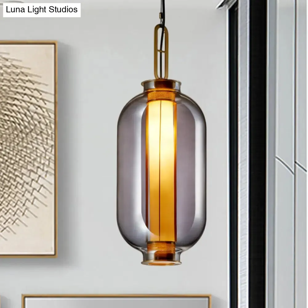 Modernist Smoke Glass Cylindrical Suspension Light - 1 Bulb Hanging Lamp for Living Room