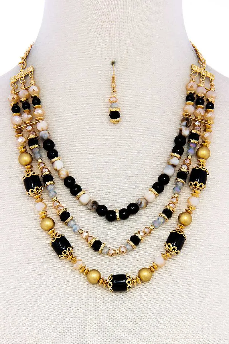 Multi Beaded Three Layer Necklace And Earring Set