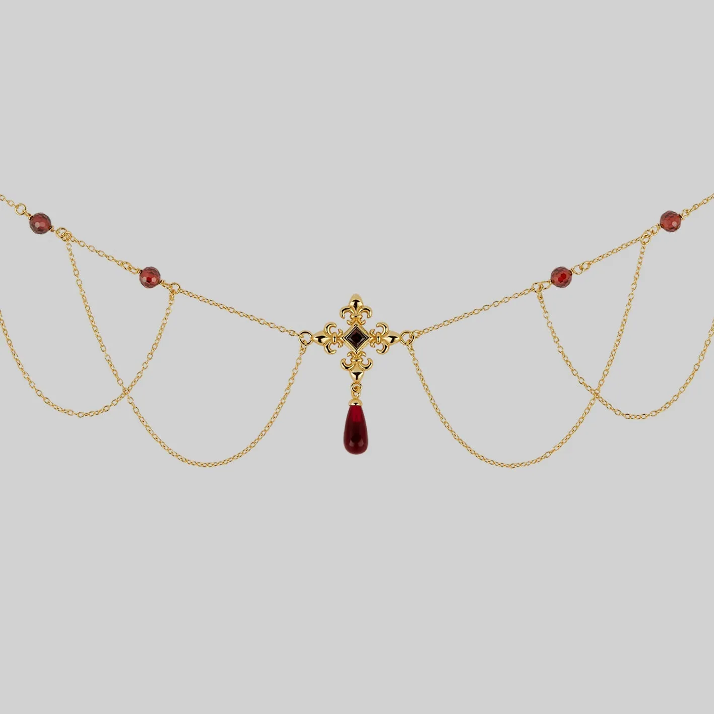 MUTINY. Fleur de Lis Multi-Drop Garnet Collar - Gold