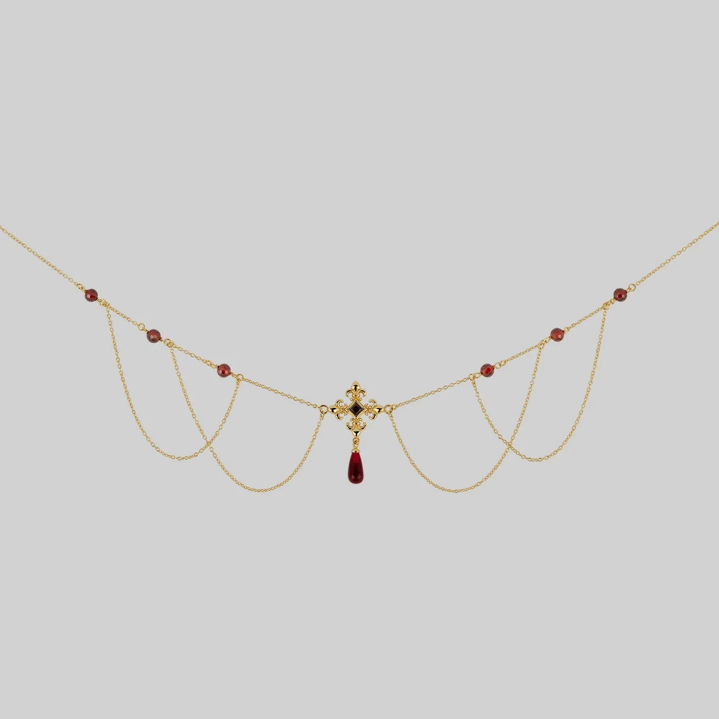 MUTINY. Fleur de Lis Multi-Drop Garnet Collar - Gold