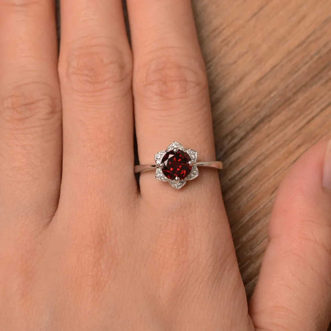 Natural Round Cut Garnet Lotus Halo Engagement Ring For Women - 925 Sterling Silver Rings