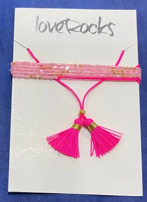 Neon Pink Beaded Tassel Necklace