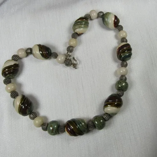 Olive Green, Brown & Cream Kazuri Bead  Necklace Fair Trade Jewelry