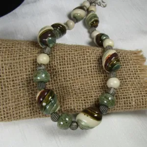 Olive Green, Brown & Cream Kazuri Bead  Necklace Fair Trade Jewelry