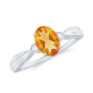 Oval Cut Real Citrine Solitaire Ring with Engraved Details