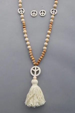 Peace Sign Pendant Tassel Beaded Necklace