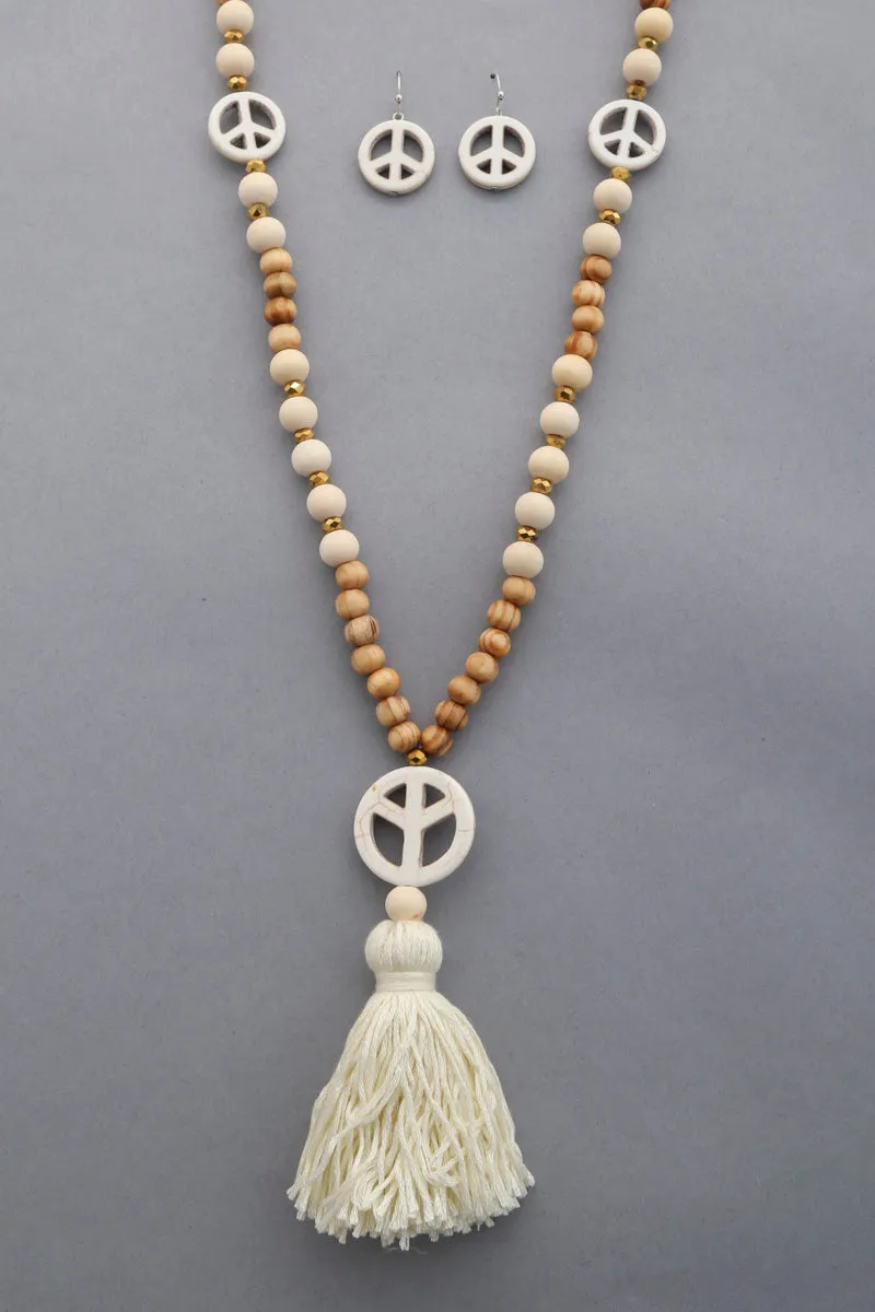 Peace Sign Pendant Tassel Beaded Necklace