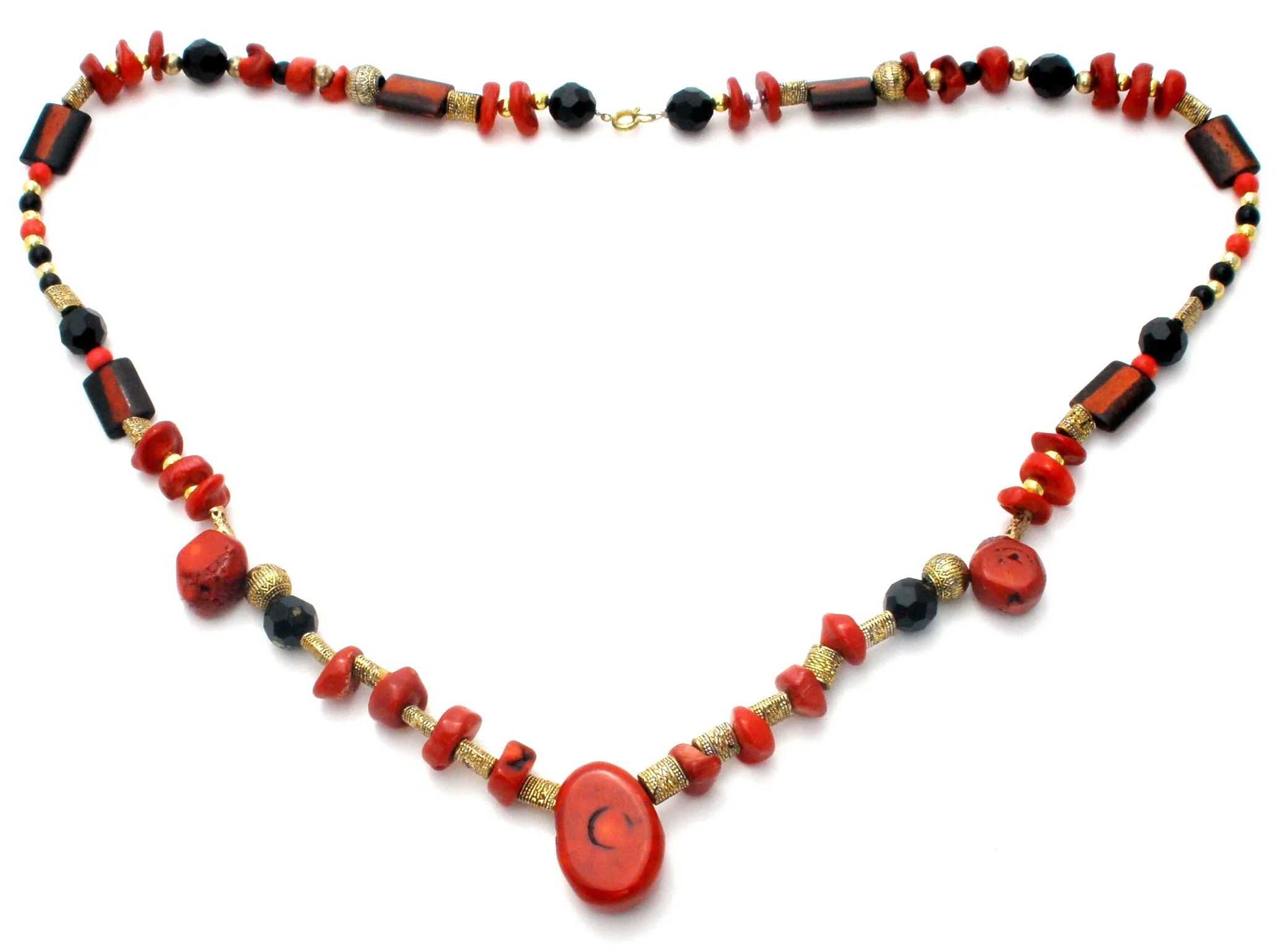 Red & Black Onyx Bead Necklace 32" Vintage