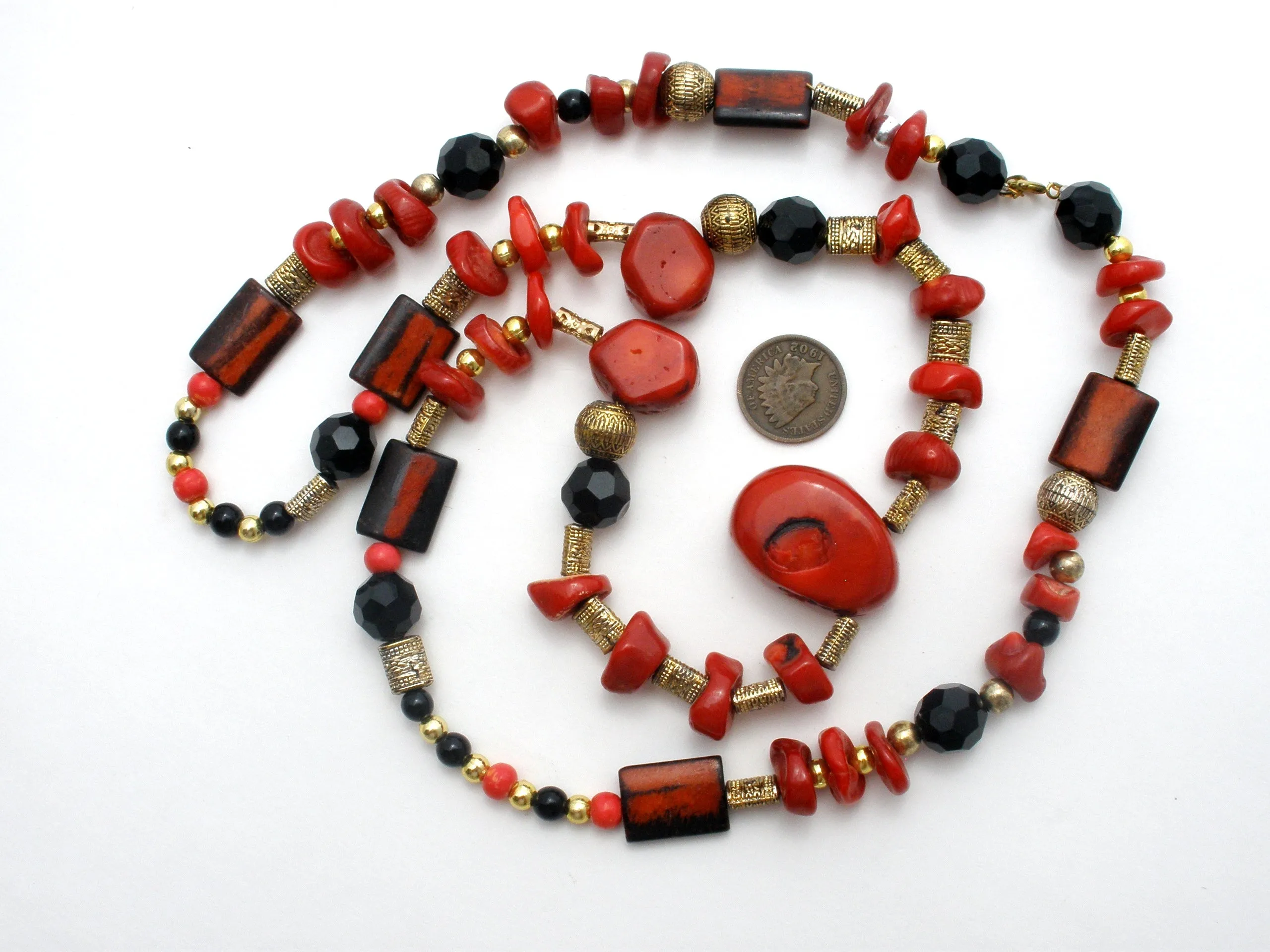 Red & Black Onyx Bead Necklace 32" Vintage