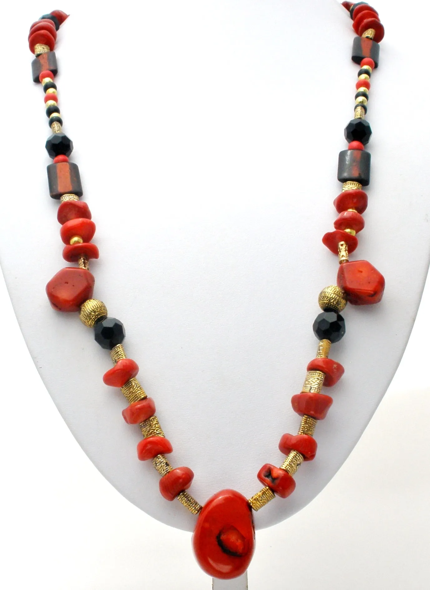 Red & Black Onyx Bead Necklace 32" Vintage