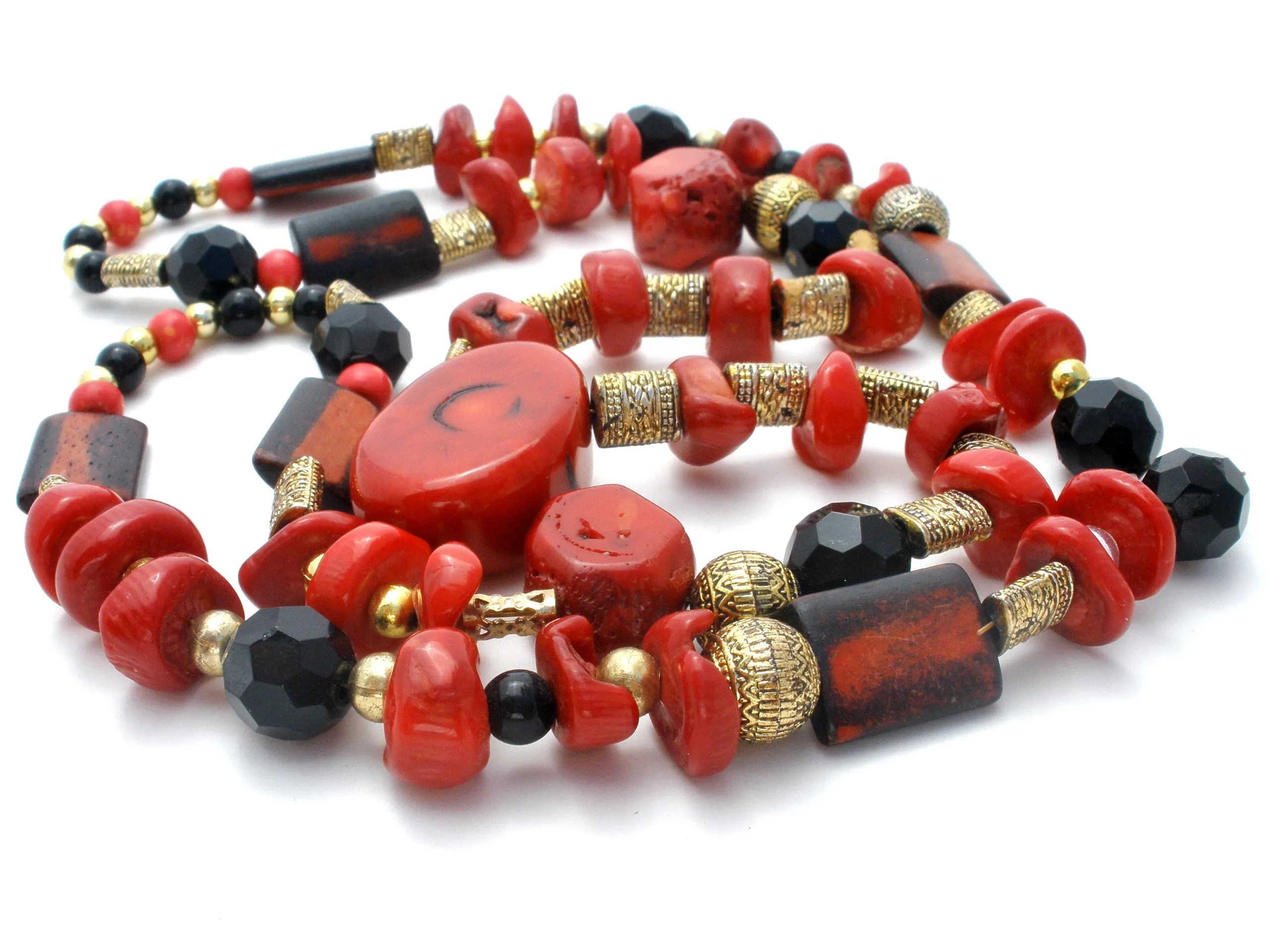 Red & Black Onyx Bead Necklace 32" Vintage