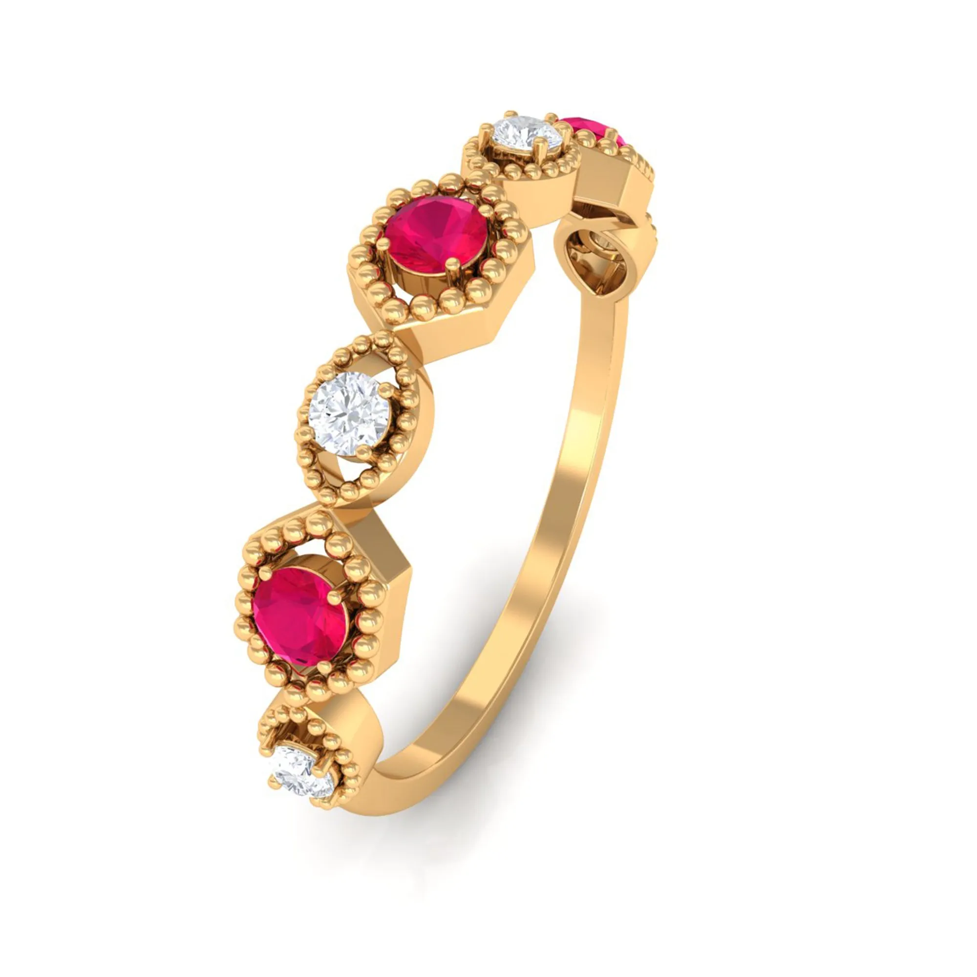 Ruby and Diamond Half Eternity Ring in Prong Setting