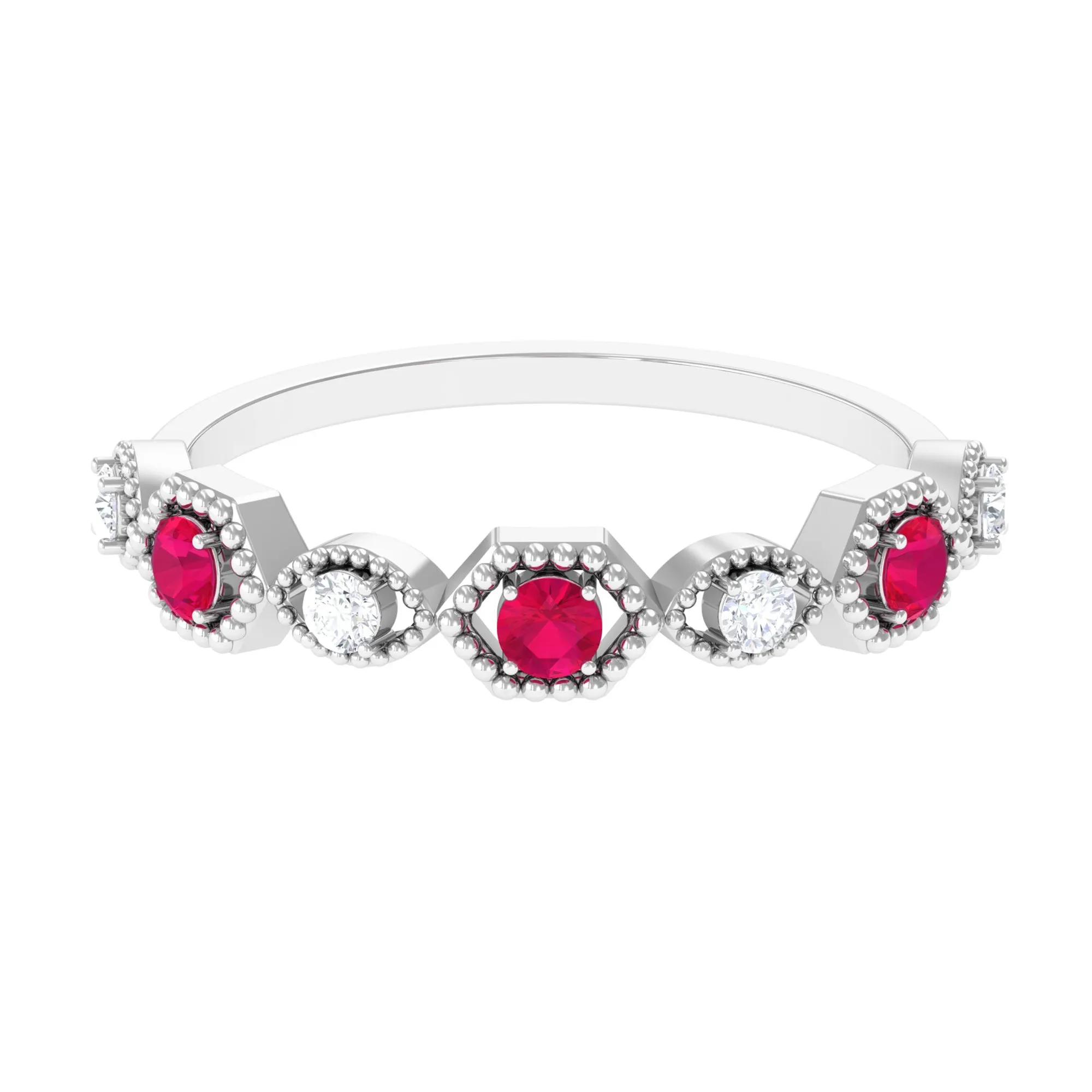 Ruby and Diamond Half Eternity Ring in Prong Setting