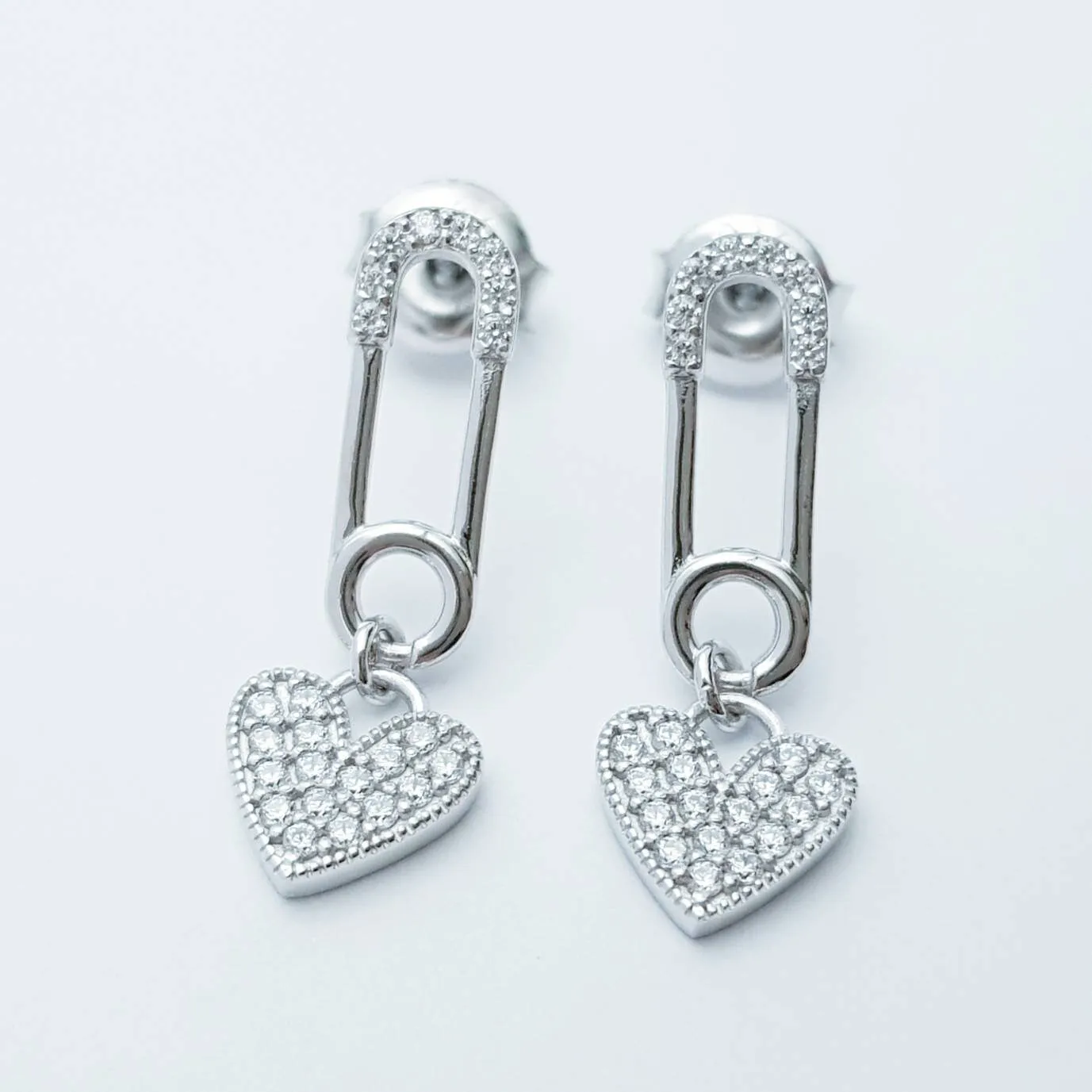 Safety pin and heart earrings, heal my heart studs