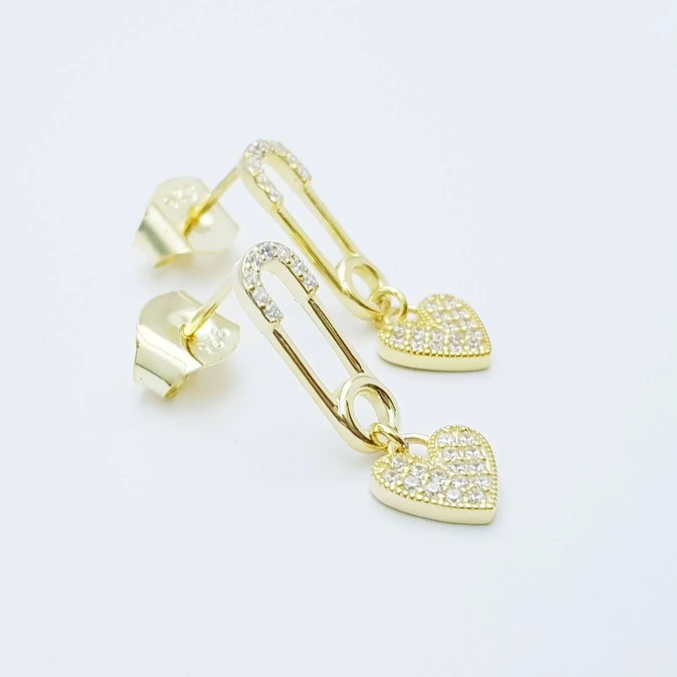 Safety pin and heart earrings, heal my heart studs