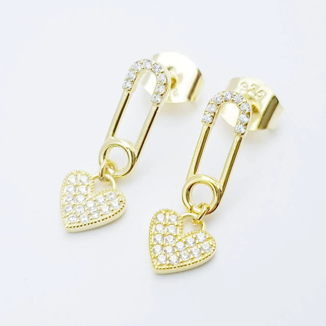 Safety pin and heart earrings, heal my heart studs