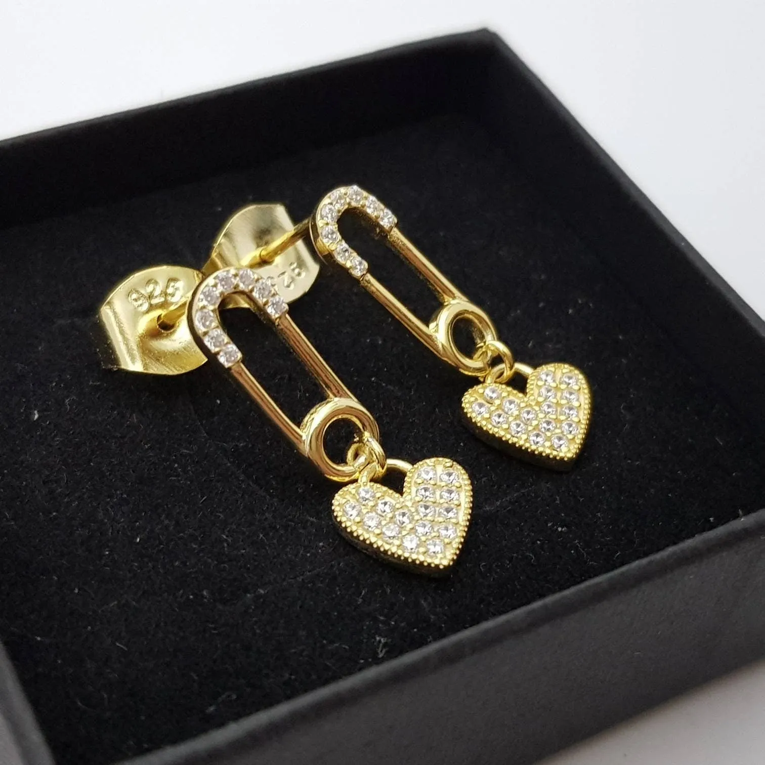 Safety pin and heart earrings, heal my heart studs