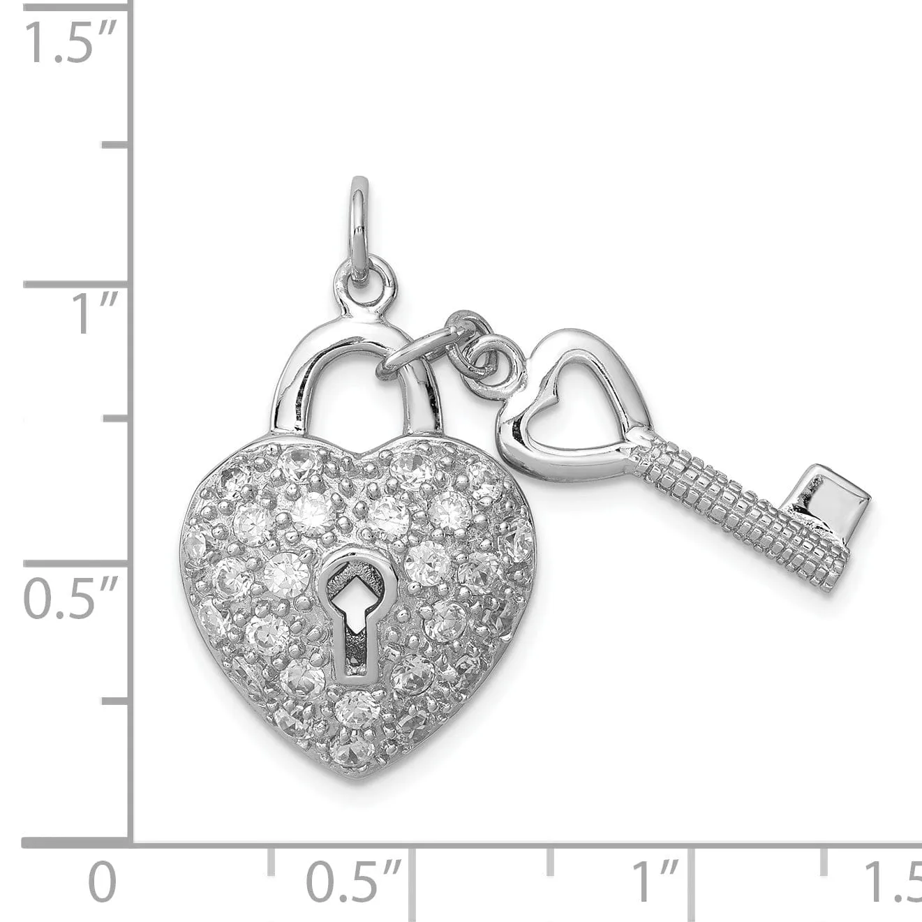 Silver Polished C.Z Heart and Key Charm Pendant