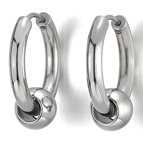 Silver Steel Huggie Hoop Earrings with Center Bead, Unisex Hinged Bands, Timeless Design for Men and Women, Ideal for Any Occasion